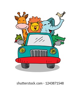 Cute animals in car on road. White background.