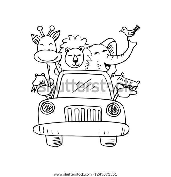 Cute animals in\
car on road. White\
background.