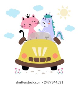 cute animals in car, travel illustration with cat and unicorn, print for kids