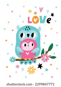 Cute animals card. Baby shower holiday. Owls family. Birth anniversary celebration. Cartoon mother and cub. Owlet on plant branch. Birds love. Zoo characters. Vector kids