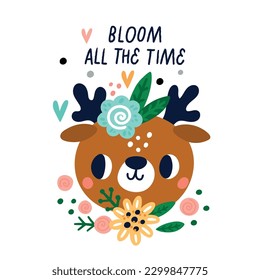 Cute animals card. Cartoon bear face with floral wreath. Spring and summer holiday. Blooming blossoms season. Flowers and plant leaves. Baby character. Mammals muzzle