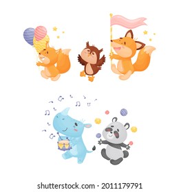 Cute Animals Carrying Flag, Juggling Balls and Playing Musical Instrument Vector Set