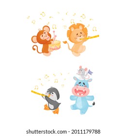 Cute Animals Carrying Flag and Playing Musical Instrument Vector Set