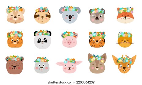 Cute animals. Cartoon baby faces. Flower wreath crowns. Birthday rabbit head. Smiling koala and cat. Children pets. Bear or fox muzzle. Summer kids stickers set. Vector illustration