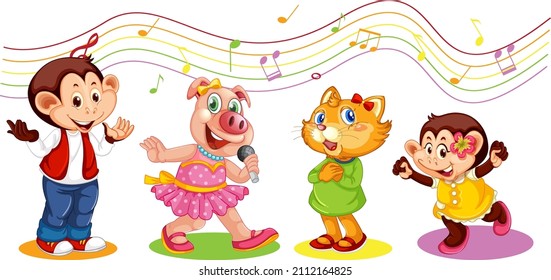 Cute animals cartoon character with musical melody symbols illustration