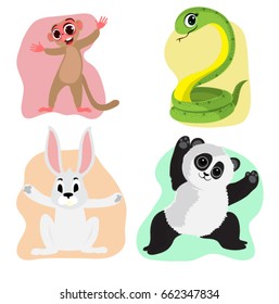 Cute animals cartoon characters including Monkey, Snake, Rabbit and Panda.