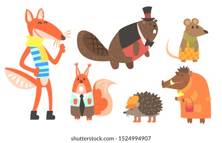 Cute Animals Cartoon Characters in Various Clothes Set, Fox, Squirrel, Beaver, Mouse, Hedgehog, Wild Boar Vector Illustration