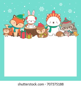 Cute animals cartoon hand drawn style with copy space for merry christmas and happy new year card design template