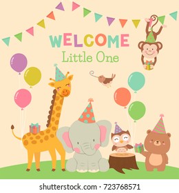 Cute animals cartoon illustration for baby shower card design template
