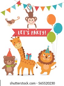 Cute animals cartoon illustration with text Let's party for party invitation card design template