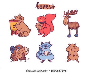 Cute animals cartoon illustrations set. Adorable woodland, farm and jungle forest mammals. Funny wildlife collection. Elephant, giraffe, penguin characters. Zoo animals stickers, childish prints pack