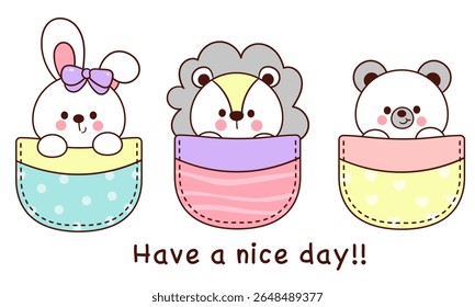 Cute animals cartoon in kid pocket. Kawaii doodle baby nursery Whimsical character. Perfect for decoration child room card and shirt design.