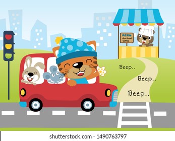 Cute animals cartoon on red bus in the city road, bear in it stall on buildings background