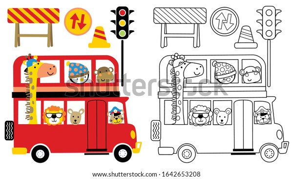 cute animals cartoon on red bus with traffic signs,\
coloring book or page