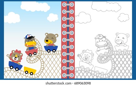 Cute animals cartoon on roller coaster, coloring book or page