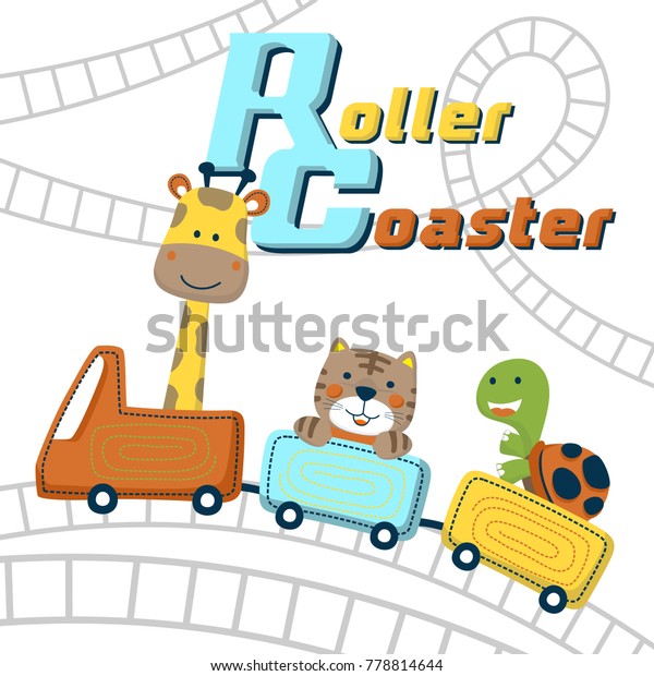 cute animals cartoon on roller coaster, giraffe,\
cat, turtle