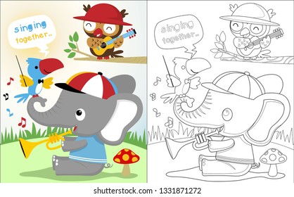 Cute animals cartoon playing music in jungle, elephant on trumpet, owl on guitar, parrot as composer. Coloring book or page