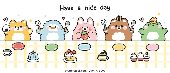 Cute animals cartoon sit at the dining table.Character design.Eating food.Shiba inu dog.Penguin.Rabbit.Bear.Frog.Bakery,cake,tea,jelly,sweet,dessert hand drawn.Kawaii.Vector.Illustration.