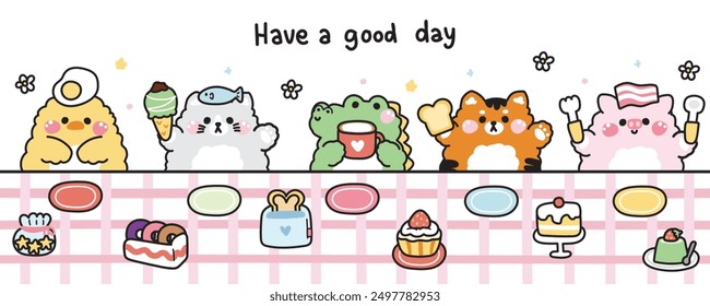 Cute animals cartoon sit at the dining table.Character design.Eating food.Chicken.Cat.Crocodile.Tiger.Pig.Bakery,cake,tea,bacon,donut,sweet,dessert hand drawn.Kawaii.Vector.Illustration.