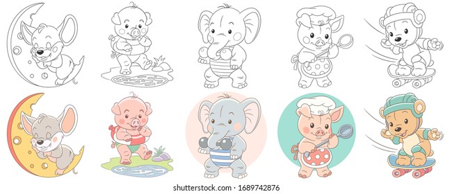 Cute animals in cartoon style. Colouring and colored designs. Clipart set for kids activity coloring book, t shirt print, icon, logo, label, patch or sticker. Vector illustration.