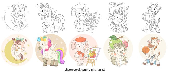Cute animals in cartoon style. Colouring and colored designs. Clipart set for kids activity coloring book, t shirt print, icon, logo, label, patch or sticker. Vector illustration.