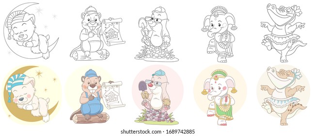 Cute animals in cartoon style. Colouring and colored designs. Clipart set for kids activity coloring book, t shirt print, icon, logo, label, patch or sticker. Vector illustration.