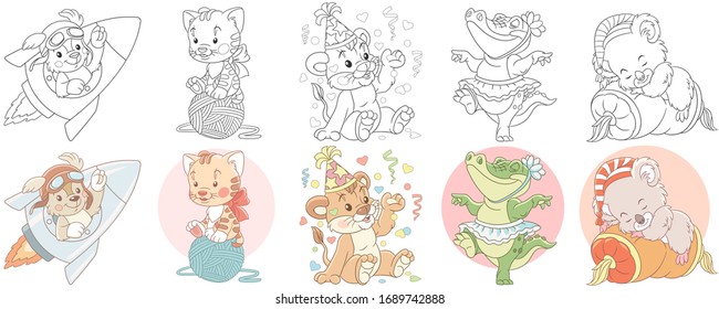 Cute animals in cartoon style. Colouring and colored designs. Clipart set for kids activity coloring book, t shirt print, icon, logo, label, patch or sticker. Vector illustration.