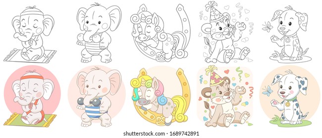 Cute animals in cartoon style. Colouring and colored designs. Clipart set for kids activity coloring book, t shirt print, icon, logo, label, patch or sticker. Vector illustration.