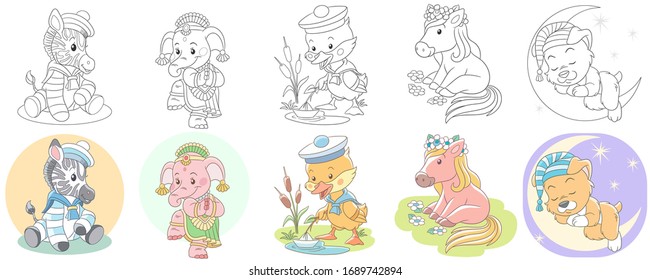 Cute animals in cartoon style. Colouring and colored designs. Clipart set for kids activity coloring book, t shirt print, icon, logo, label, patch or sticker. Vector illustration.