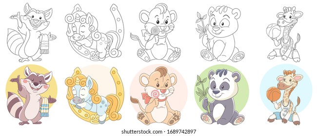 Cute animals in cartoon style. Colouring and colored designs. Clipart set for kids activity coloring book, t shirt print, icon, logo, label, patch or sticker. Vector illustration.