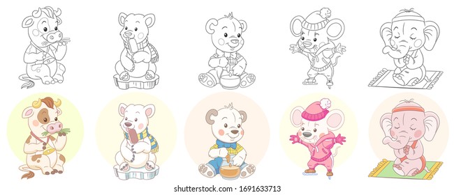 Cute animals in cartoon style. Colouring and colored designs. Clipart set for kids activity coloring book, t shirt print, icon, logo, label, patch or sticker. Vector illustration.