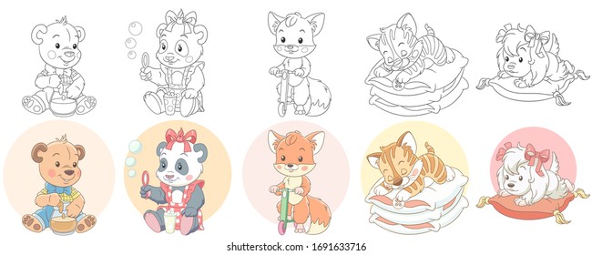 Cute animals in cartoon style. Colouring and colored designs. Clipart set for kids activity coloring book, t shirt print, icon, logo, label, patch or sticker. Vector illustration.