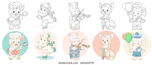 Cute animals in cartoon style. Colouring and colored designs. Clipart set for kids activity coloring book, t shirt print, icon, logo, label, patch or sticker. Vector illustration.