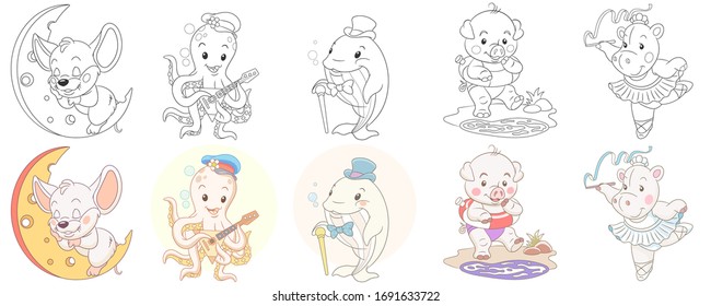 Cute animals in cartoon style. Colouring and colored designs. Clipart set for kids activity coloring book, t shirt print, icon, logo, label, patch or sticker. Vector illustration.