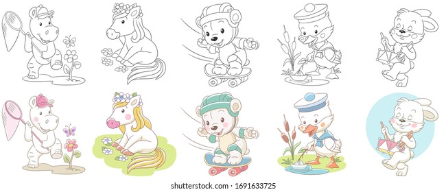 Cute animals in cartoon style. Colouring and colored designs. Clipart set for kids activity coloring book, t shirt print, icon, logo, label, patch or sticker. Vector illustration.