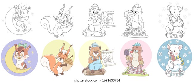 Cute animals in cartoon style. Colouring and colored designs. Clipart set for kids activity coloring book, t shirt print, icon, logo, label, patch or sticker. Vector illustration.