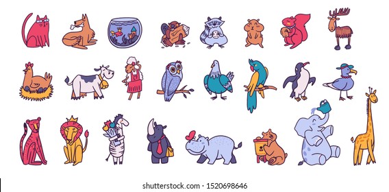 Cute animals cartoon vector illustrations set. Adorable woodland, farm and jungle forest isolated mammals, birds. Funny wildlife fauna, fairy tale characters. Zoo animals stickers, prints collection