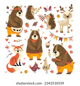Cute animals cartoon. Woodland deer, bear, fox and hedgehog. Little forest dwellers. Vector illustration. Ideal kids design, for fabric.