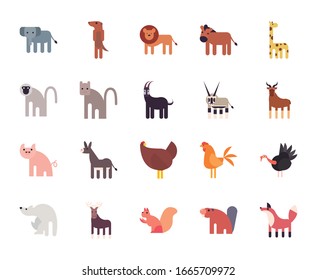 Cute animals cartoons fill style icon set design, zoo life nature character childhood and adorable theme Vector illustration