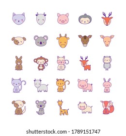 Cute animals cartoons line and fill style icon set design, zoo life nature and character theme Vector illustration