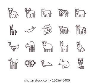 Cute animals cartoons line style icon set design, zoo life nature character childhood and adorable theme Vector illustration