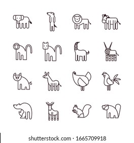 Cute animals cartoons line style icon set design, zoo life nature character childhood and adorable theme Vector illustration