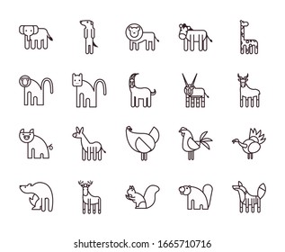 Cute animals cartoons line style icon set design, zoo life nature character childhood and adorable theme Vector illustration