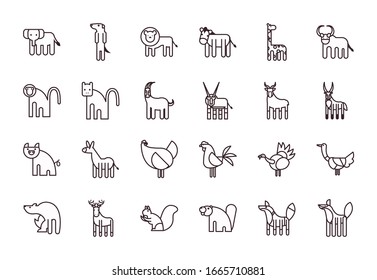 Cute animals cartoons line style icon set design, zoo life nature character childhood and adorable theme Vector illustration