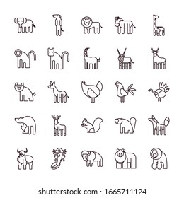 Cute animals cartoons line style icon set design, zoo life nature character childhood and adorable theme Vector illustration