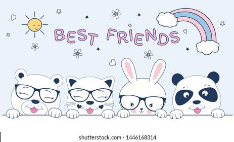 Cute animals cat, bear, bunny and dog best friends. Happy friendship day. Kids graphics for t-shirts. Greeting card.