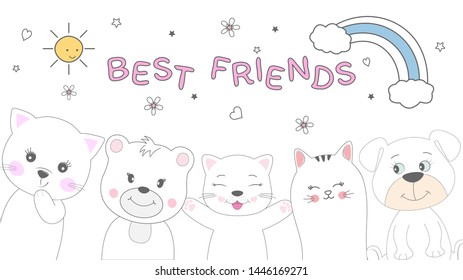 Cute animals cat, bear and dog best friends. Happy friendship day. Kids graphics for t-shirts. Greeting card.