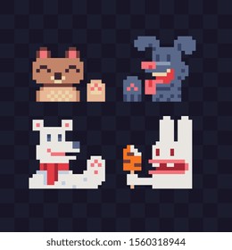 Cute animals, cat, dog, hare, Pixel art characters. Pet icons. Stickers, logo design. Isolated vector illustration. 