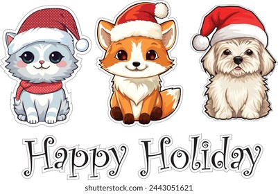 Cute Animals cat fox dog vector xmas art