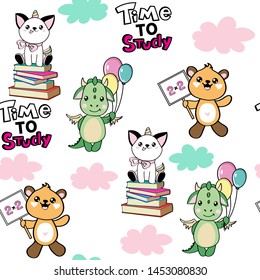 Cute animals cat unicorn sitting on books, bear, dragon and the inscription time to study on a white background seamless pattern